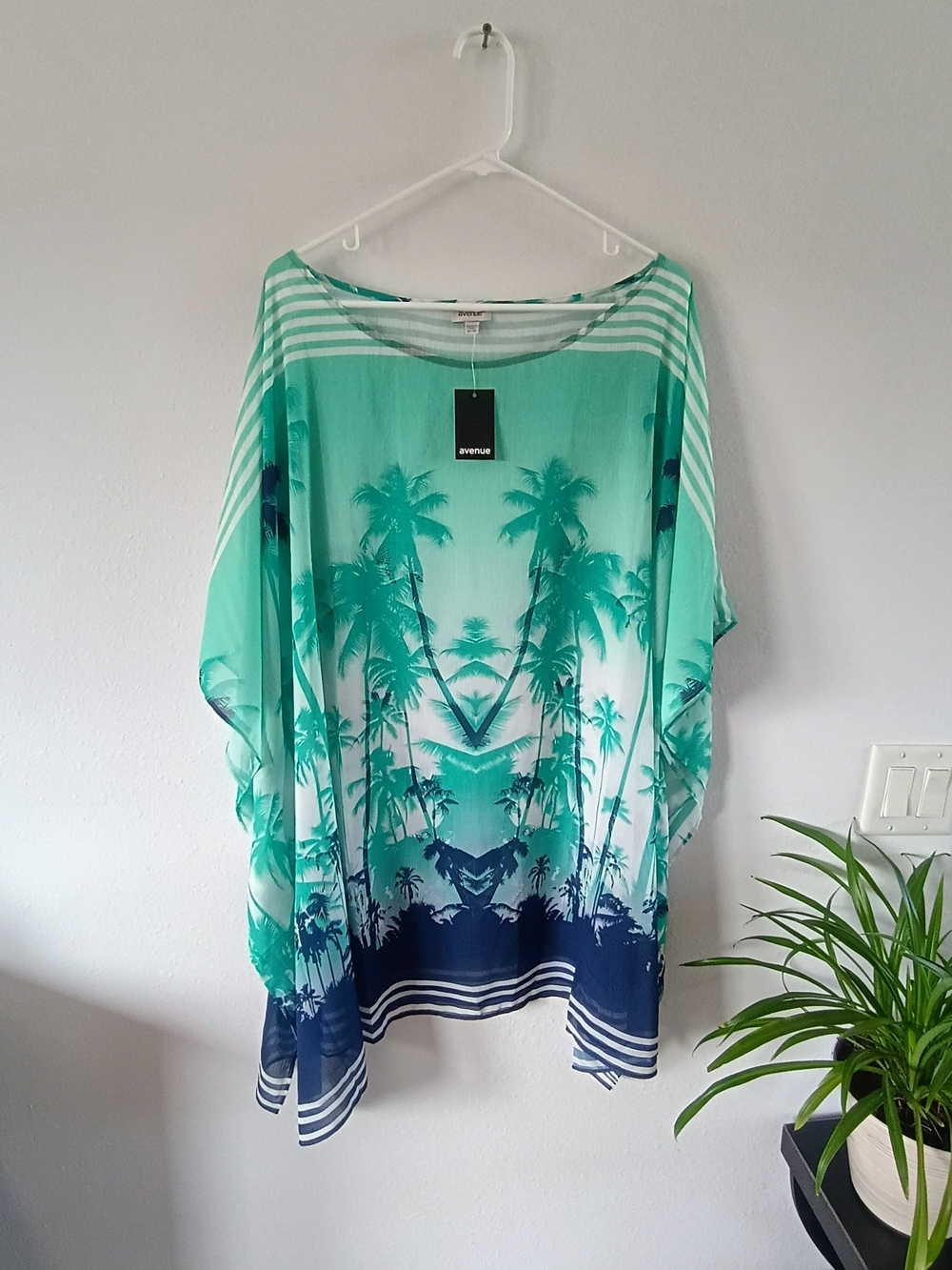 Avenue Tropical Palm Tree Poncho 26/28 Aqua Navy Plus Size Resort Vacation NWT